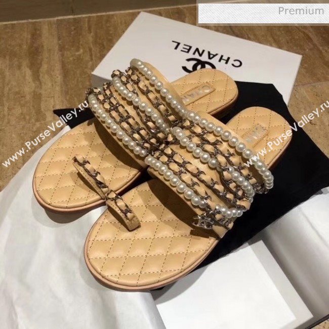 Chanel Lambskin Chains & Pearls Mules Sandals Beige 2020 (MD-20052722)