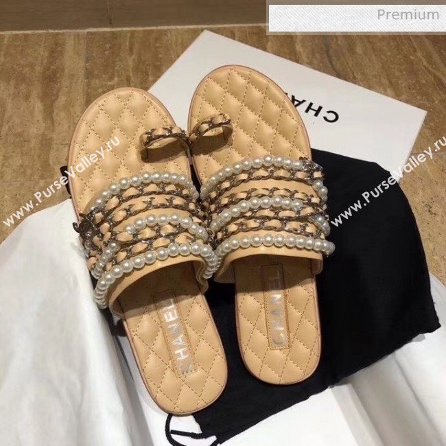 Chanel Lambskin Chains & Pearls Mules Sandals Beige 2020 (MD-20052722)