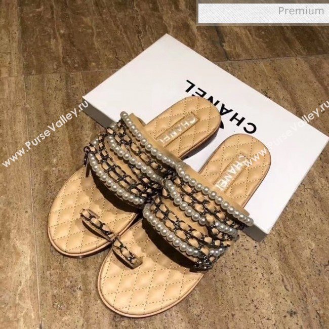 Chanel Lambskin Chains & Pearls Mules Sandals Beige 2020 (MD-20052722)