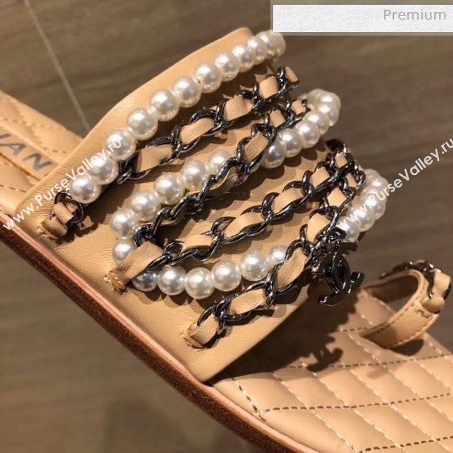 Chanel Lambskin Chains & Pearls Mules Sandals Beige 2020 (MD-20052722)