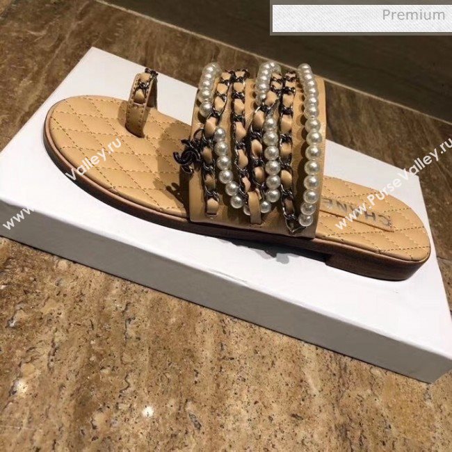 Chanel Lambskin Chains & Pearls Mules Sandals Beige 2020 (MD-20052722)