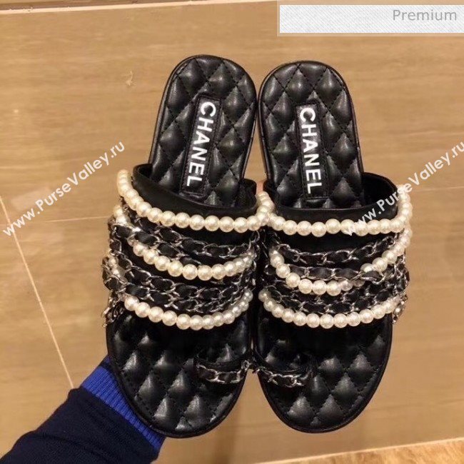 Chanel Lambskin Chains & Pearls Mules Sandals Black 2020 (MD-20052723)