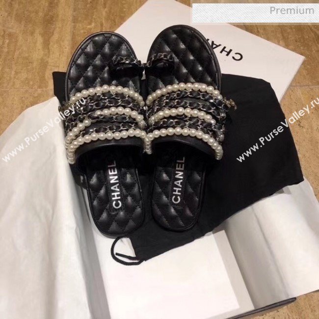 Chanel Lambskin Chains & Pearls Mules Sandals Black 2020 (MD-20052723)