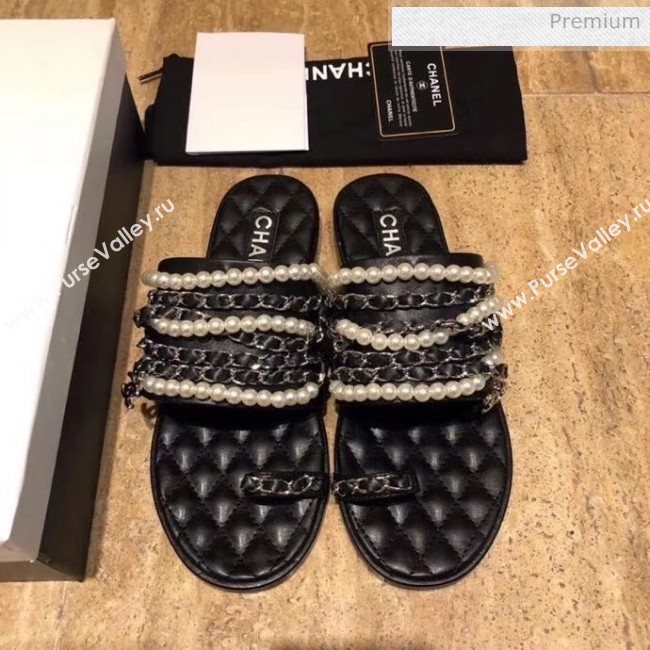 Chanel Lambskin Chains & Pearls Mules Sandals Black 2020 (MD-20052723)