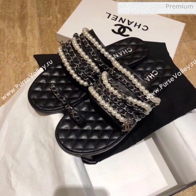 Chanel Lambskin Chains & Pearls Mules Sandals Black 2020 (MD-20052723)