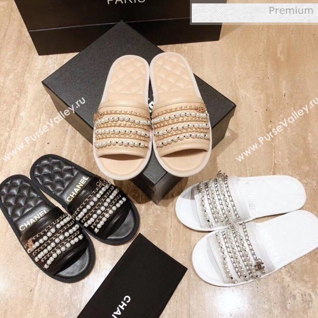 Chanel Lambskin Chains & Pearls Flat Mules Sandals White 2020 (MD-20052724)