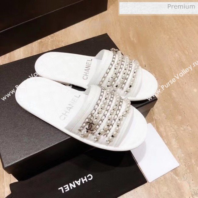 Chanel Lambskin Chains & Pearls Flat Mules Sandals White 2020 (MD-20052724)