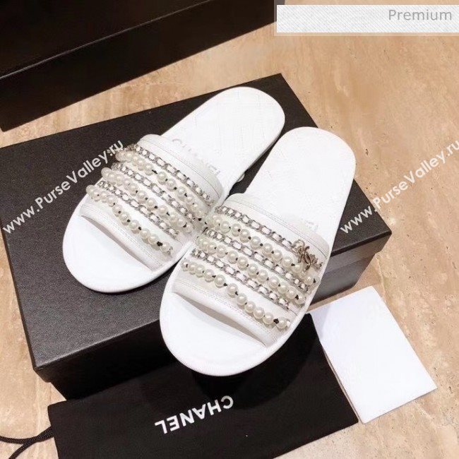 Chanel Lambskin Chains & Pearls Flat Mules Sandals White 2020 (MD-20052724)