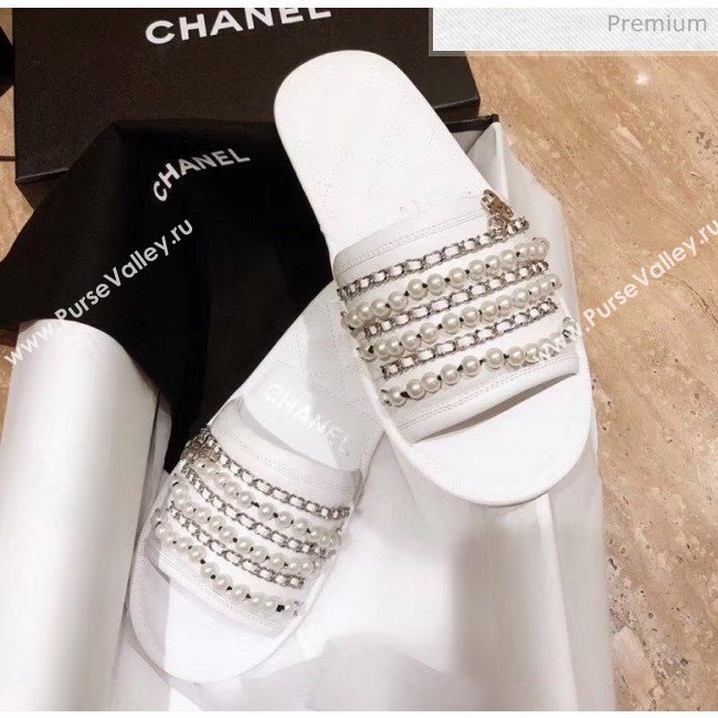 Chanel Lambskin Chains & Pearls Flat Mules Sandals White 2020 (MD-20052724)