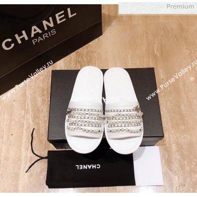 Chanel Lambskin Chains & Pearls Flat Mules Sandals White 2020 (MD-20052724)