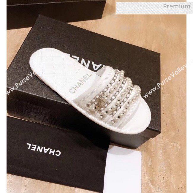 Chanel Lambskin Chains & Pearls Flat Mules Sandals White 2020 (MD-20052724)