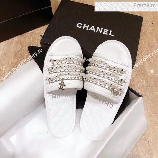 Chanel Lambskin Chains & Pearls Flat Mules Sandals White 2020 (MD-20052724)