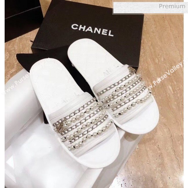 Chanel Lambskin Chains & Pearls Flat Mules Sandals White 2020 (MD-20052724)
