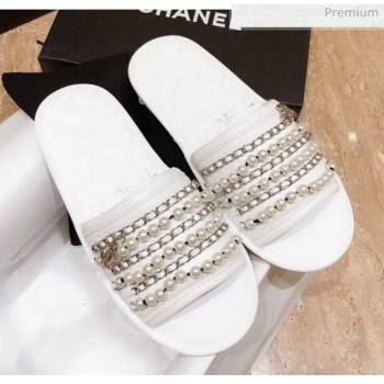 Chanel Lambskin Chains & Pearls Flat Mules Sandals White 2020 (MD-20052724)