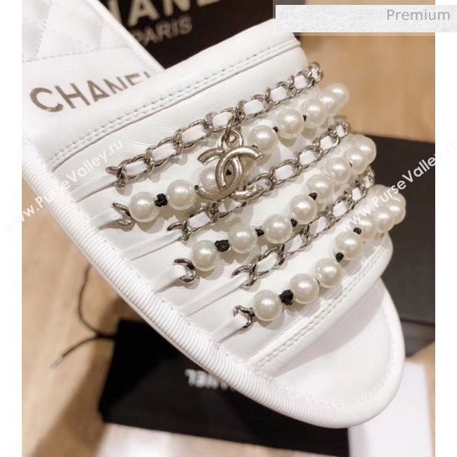 Chanel Lambskin Chains & Pearls Flat Mules Sandals White 2020 (MD-20052724)