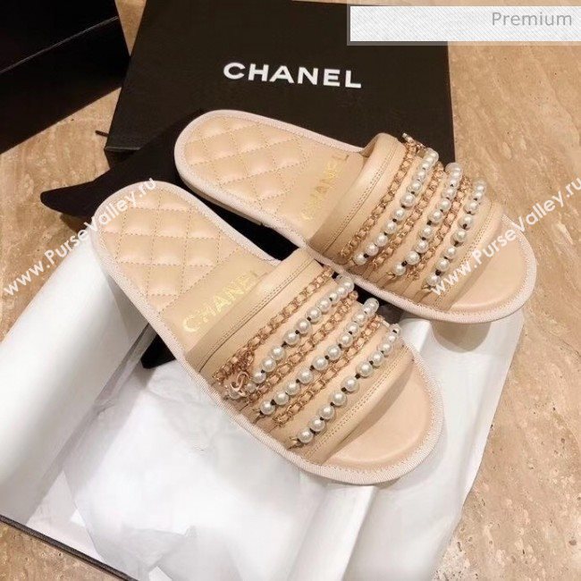 Chanel Lambskin Chains & Pearls Flat Mules Sandals Beige 2020 (MD-20052725)