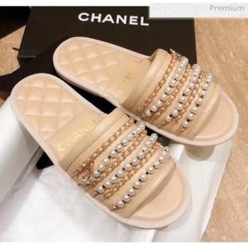 Chanel Lambskin Chains & Pearls Flat Mules Sandals Beige 2020 (MD-20052725)