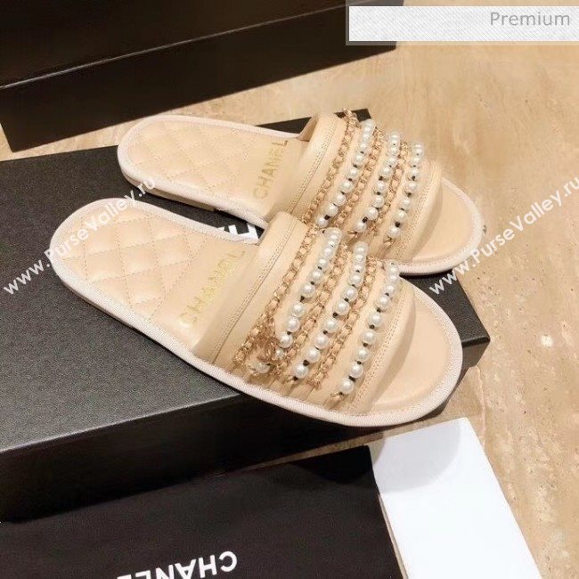 Chanel Lambskin Chains & Pearls Flat Mules Sandals Beige 2020 (MD-20052725)