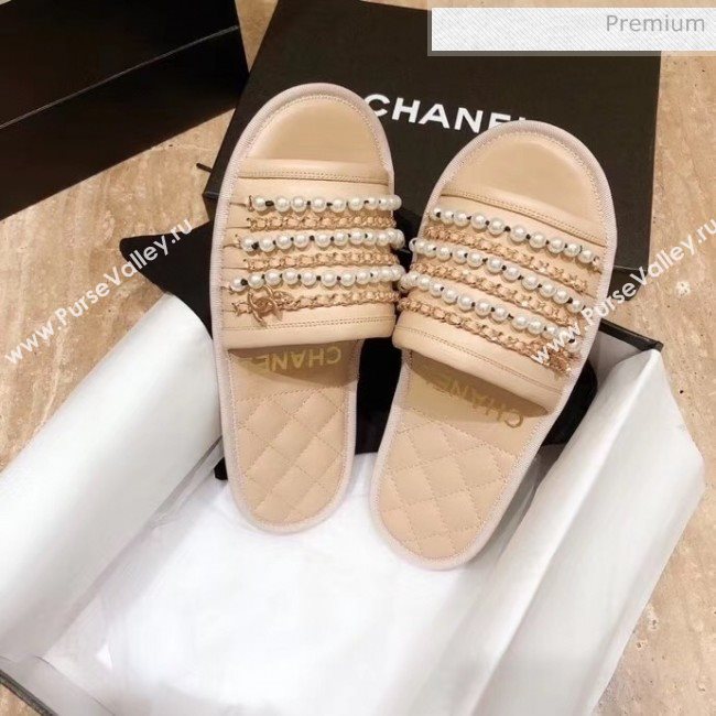 Chanel Lambskin Chains & Pearls Flat Mules Sandals Beige 2020 (MD-20052725)
