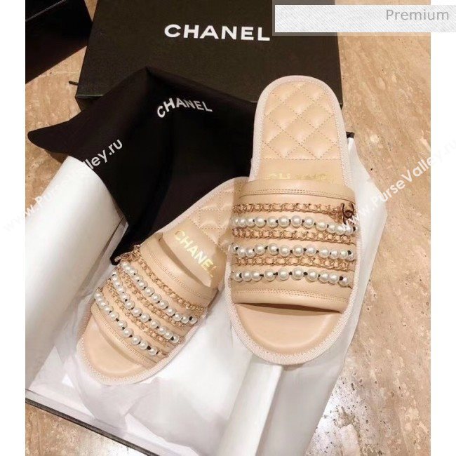 Chanel Lambskin Chains & Pearls Flat Mules Sandals Beige 2020 (MD-20052725)