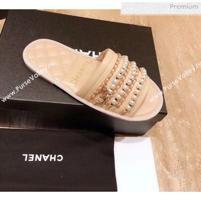 Chanel Lambskin Chains & Pearls Flat Mules Sandals Beige 2020 (MD-20052725)
