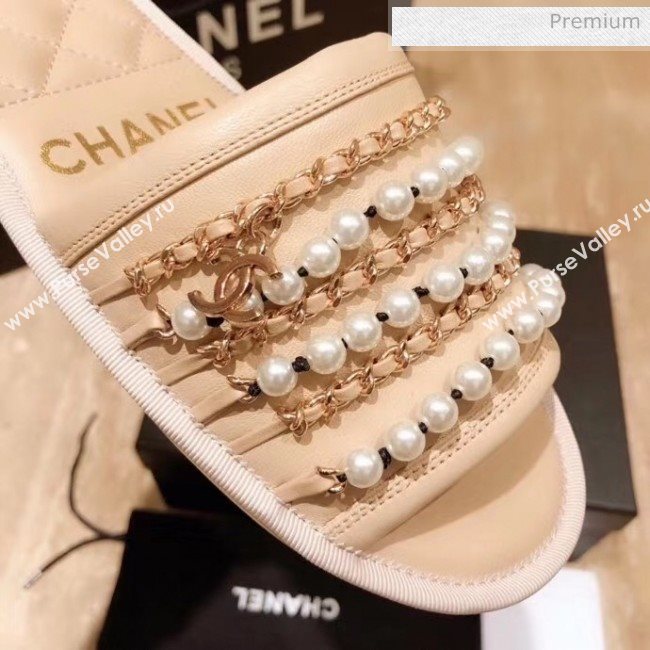 Chanel Lambskin Chains & Pearls Flat Mules Sandals Beige 2020 (MD-20052725)