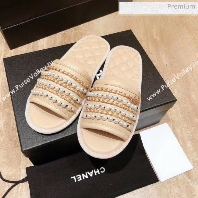 Chanel Lambskin Chains & Pearls Flat Mules Sandals Beige 2020 (MD-20052725)