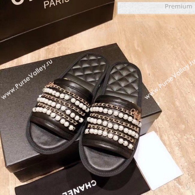 Chanel Lambskin Chains & Pearls Flat Mules Sandals Black 2020 (MD-20052726)