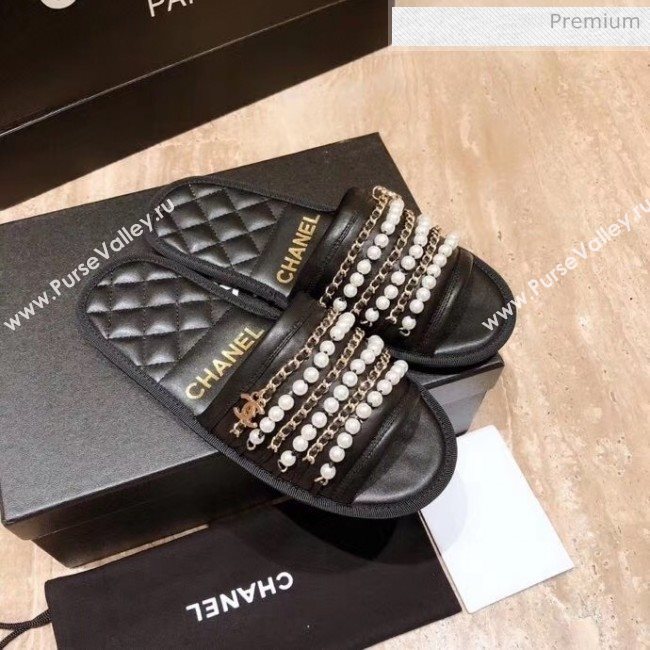 Chanel Lambskin Chains & Pearls Flat Mules Sandals Black 2020 (MD-20052726)
