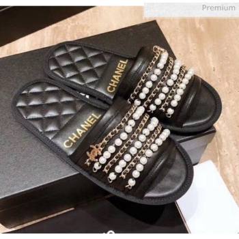 Chanel Lambskin Chains & Pearls Flat Mules Sandals Black 2020 (MD-20052726)