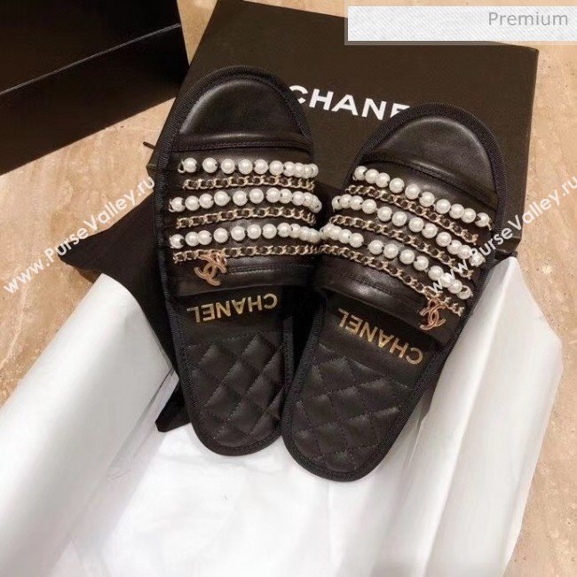Chanel Lambskin Chains & Pearls Flat Mules Sandals Black 2020 (MD-20052726)