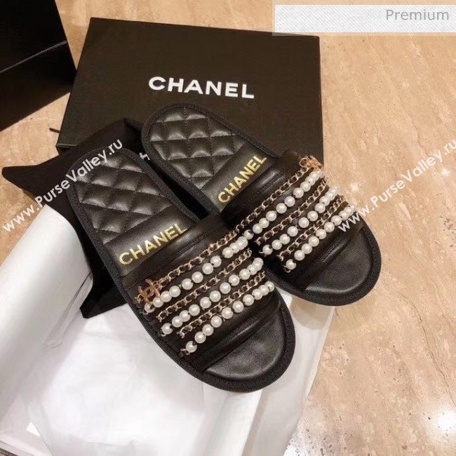 Chanel Lambskin Chains & Pearls Flat Mules Sandals Black 2020 (MD-20052726)
