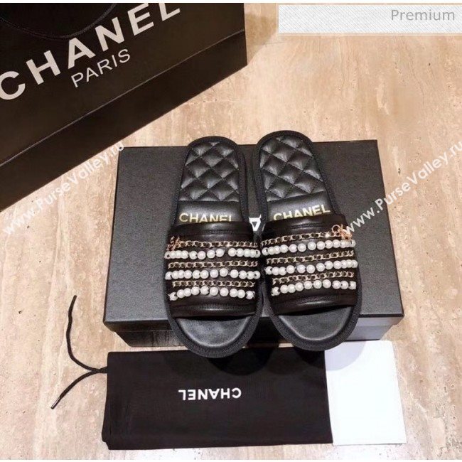 Chanel Lambskin Chains & Pearls Flat Mules Sandals Black 2020 (MD-20052726)