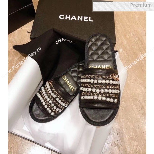 Chanel Lambskin Chains & Pearls Flat Mules Sandals Black 2020 (MD-20052726)