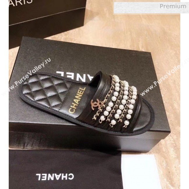 Chanel Lambskin Chains & Pearls Flat Mules Sandals Black 2020 (MD-20052726)