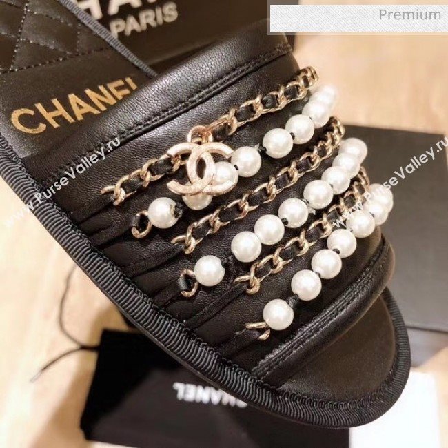 Chanel Lambskin Chains & Pearls Flat Mules Sandals Black 2020 (MD-20052726)