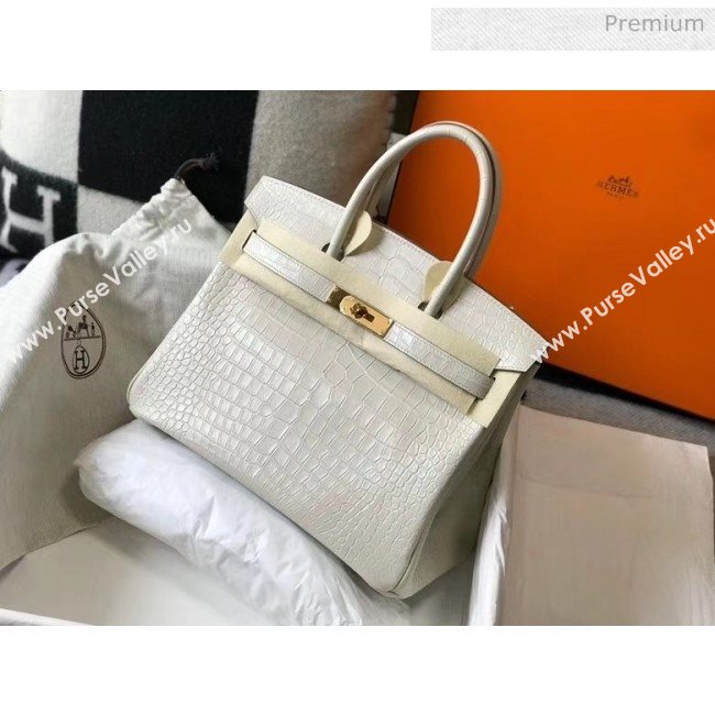 Hermes Birkin 30cm in Crocodile Embossed Calfskin White 2020（Half-Handmade） (FL-20052854)