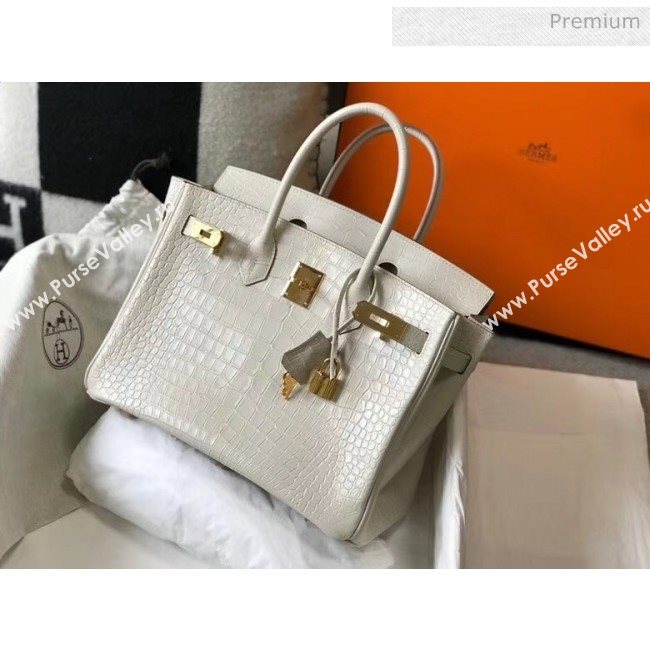 Hermes Birkin 30cm in Crocodile Embossed Calfskin White 2020（Half-Handmade） (FL-20052854)