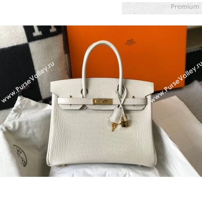 Hermes Birkin 30cm in Crocodile Embossed Calfskin White 2020（Half-Handmade） (FL-20052854)