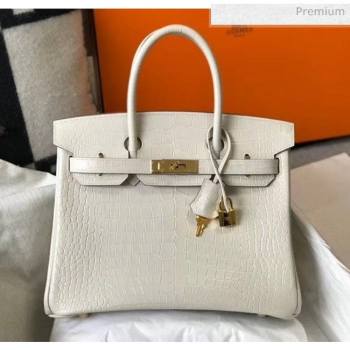 Hermes Birkin 30cm in Crocodile Embossed Calfskin White 2020（Half-Handmade） (FL-20052854)