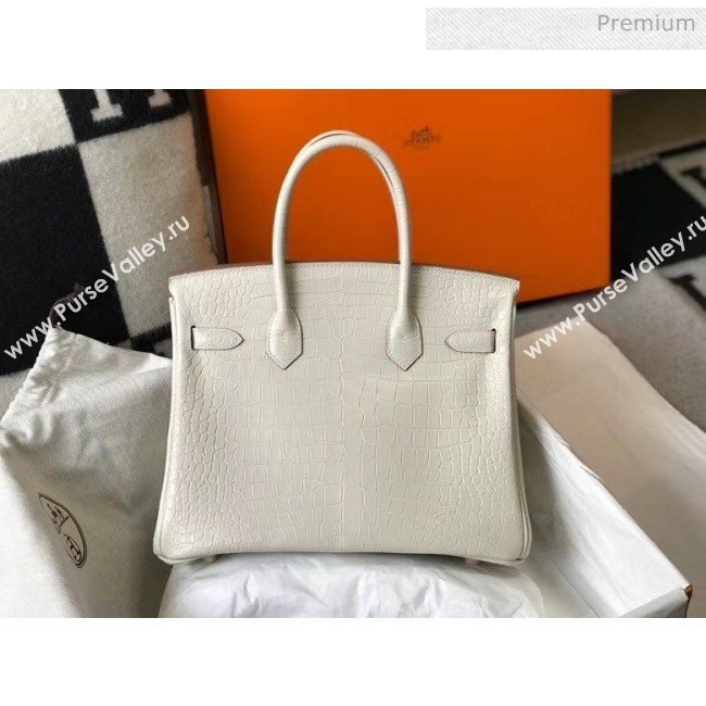 Hermes Birkin 30cm in Crocodile Embossed Calfskin White 2020（Half-Handmade） (FL-20052854)