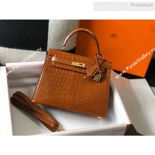 Hermes Kelly 25cm/28cm in Crocodile Embossed Calf Leather Brown 2020 (Half Handmade) (FL-20052901)