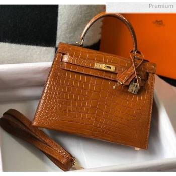 Hermes Kelly 25cm/28cm in Crocodile Embossed Calf Leather Brown 2020 (Half Handmade) (FL-20052901)