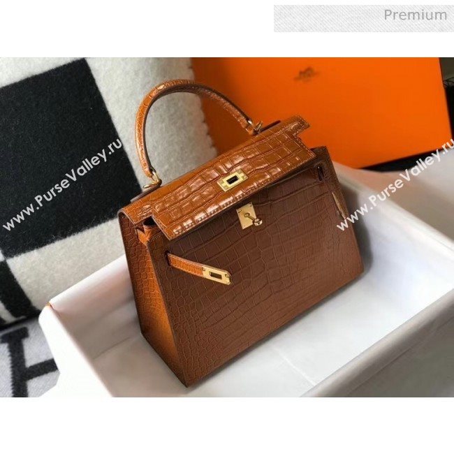 Hermes Kelly 25cm/28cm in Crocodile Embossed Calf Leather Brown 2020 (Half Handmade) (FL-20052901)