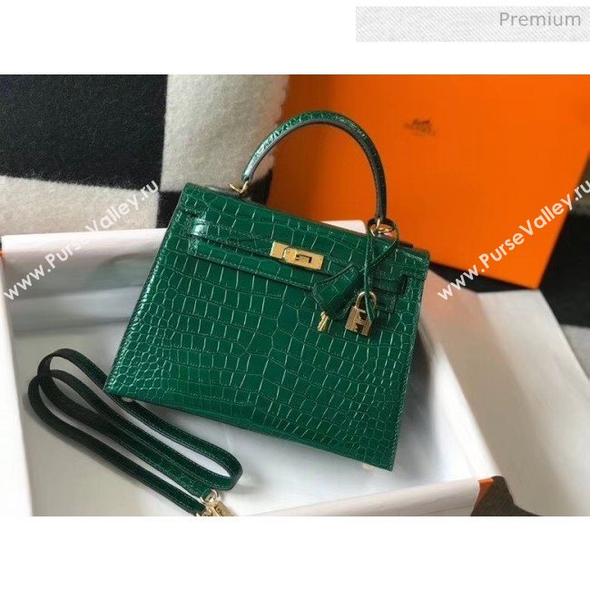 Hermes Kelly 25cm/28cm in Crocodile Embossed Calf Leather Green 2020 (Half Handmade) (FL-20052902)