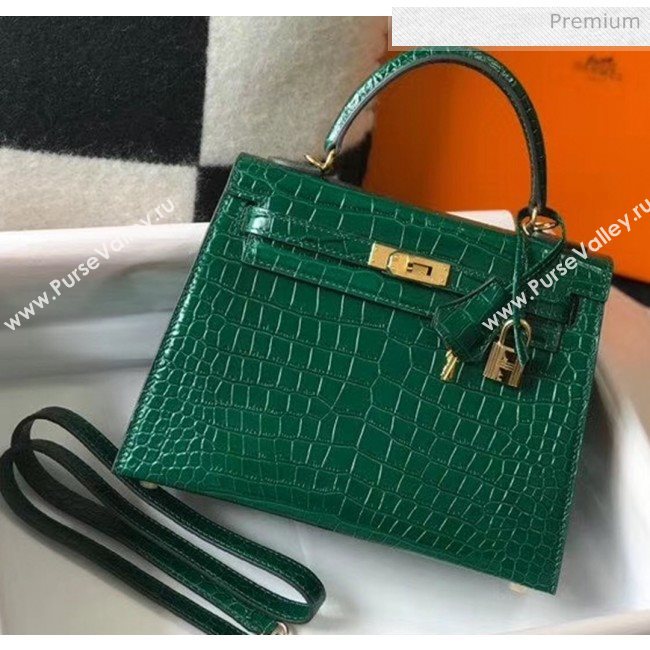 Hermes Kelly 25cm/28cm in Crocodile Embossed Calf Leather Green 2020 (Half Handmade) (FL-20052902)