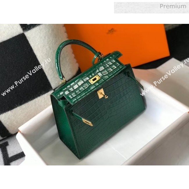 Hermes Kelly 25cm/28cm in Crocodile Embossed Calf Leather Green 2020 (Half Handmade) (FL-20052902)