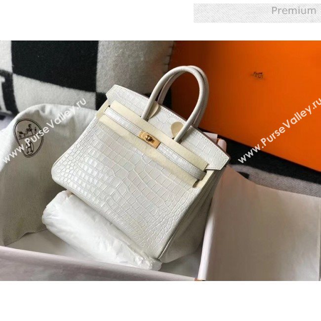 Hermes Birkin 25cm in Crocodile Embossed Calfskin White 2020（Half-Handmade） (FL-20052851)