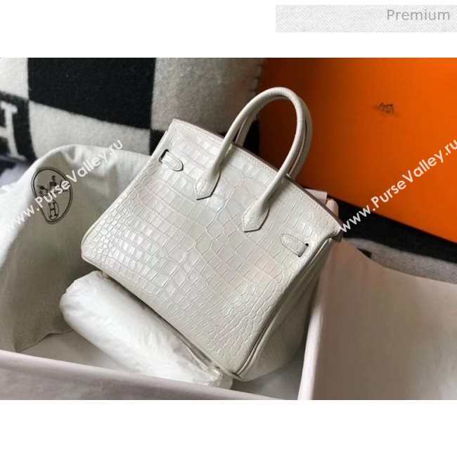 Hermes Birkin 25cm in Crocodile Embossed Calfskin White 2020（Half-Handmade） (FL-20052851)