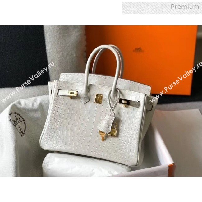 Hermes Birkin 25cm in Crocodile Embossed Calfskin White 2020（Half-Handmade） (FL-20052851)